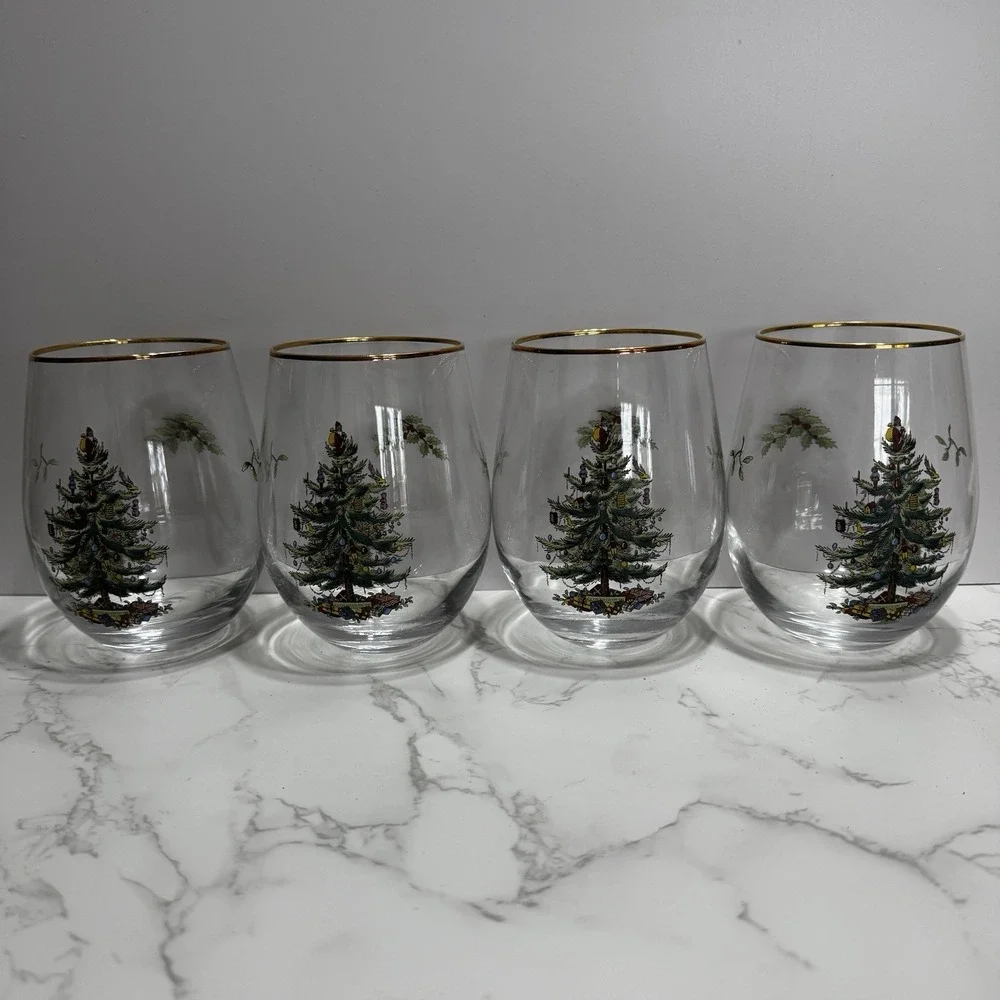 Spode Christmas Tree Stemless Wine Glasses Gold Trim Rim, 19 Oz - Set of 4